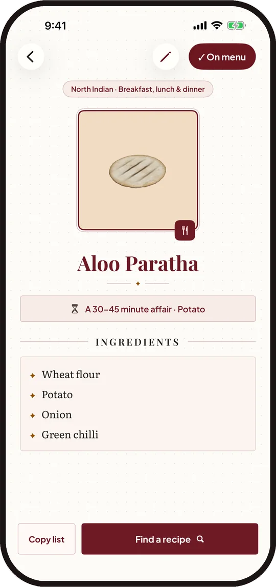 Aloo Paratha dish page with ingredients, cooking time and a Find a recipe button.