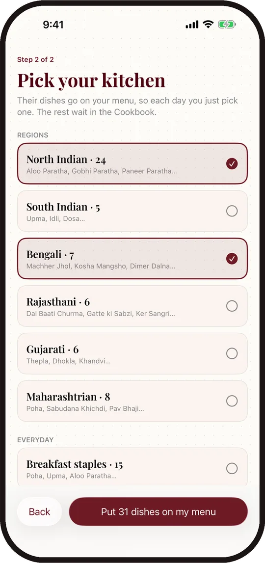 Pick your kitchen screen with North Indian and Bengali selected.